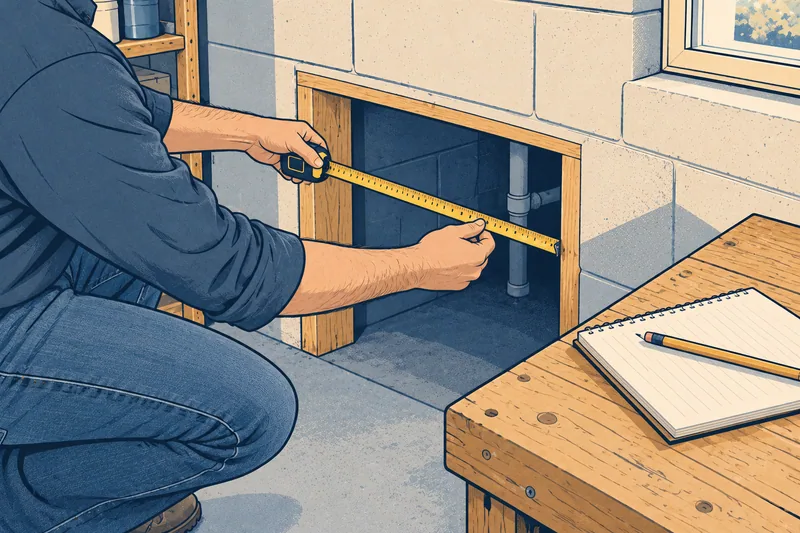 An illustrative homeowner measuring the width of a basement access opening.