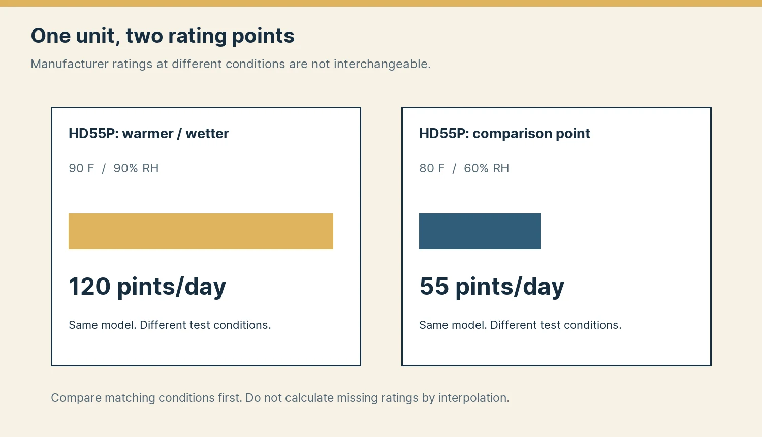 Original chart comparing HD55P manufacturer ratings of 120 pints at 90 degrees and 90 percent humidity with 55 pints at 80 degrees and 60 percent humidity