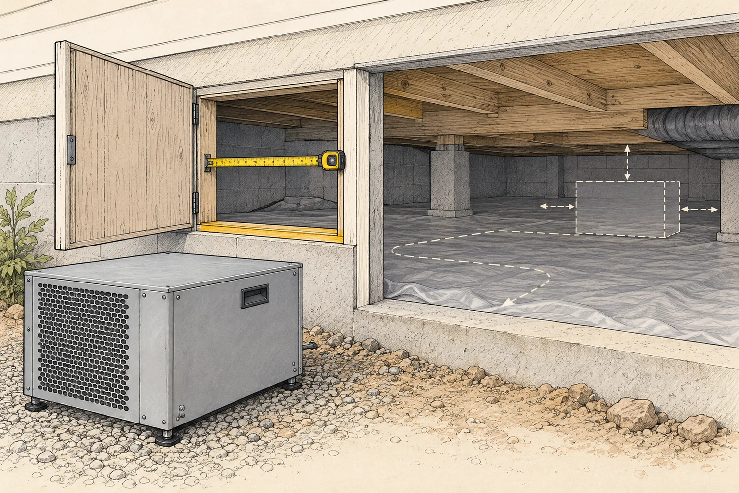An illustrated crawl-space hatch, a cabinet outside it and a separate proposed service area inside